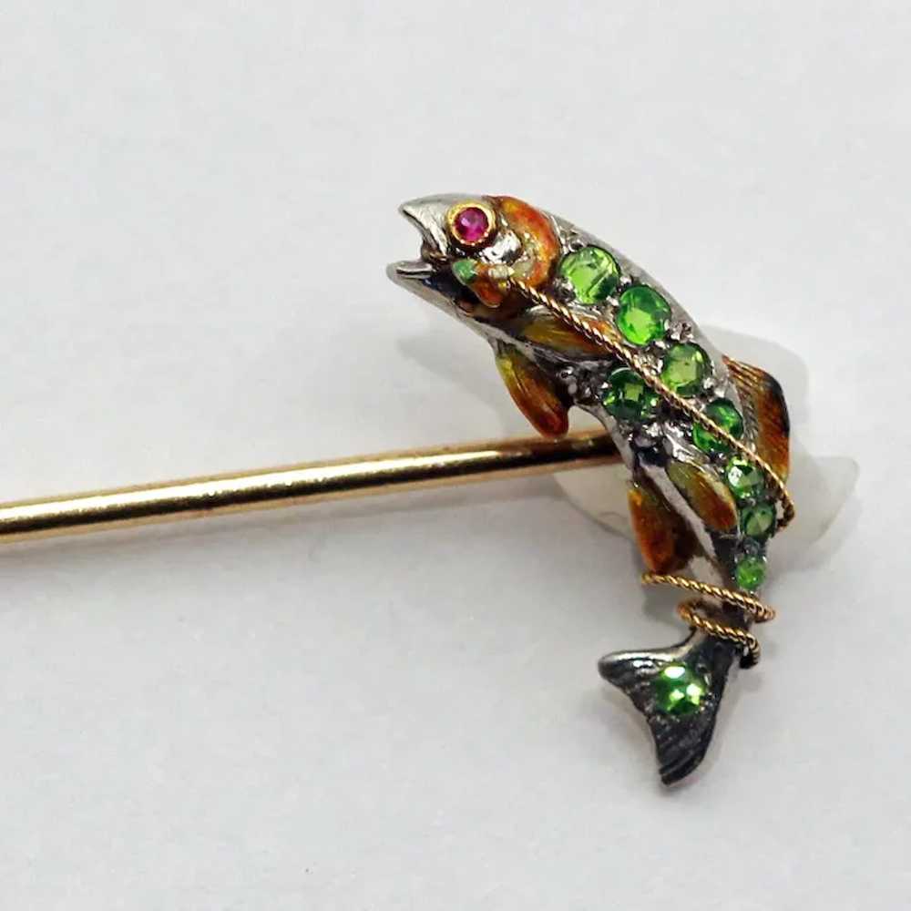 Fish stick pin brooch gold platinum demantoid gar… - image 9