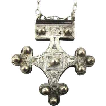 Antique Moroccan Berber Silver Cross Pendant Neckl