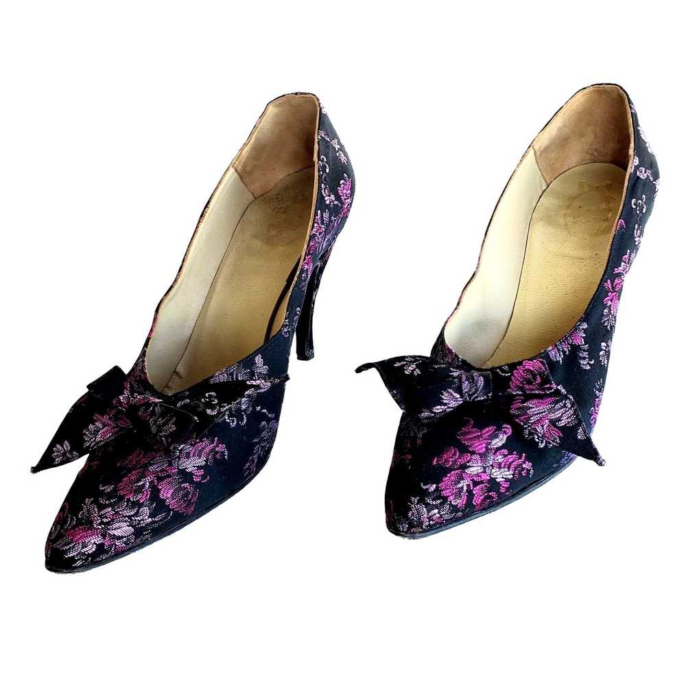 Vintage Pinup Heels 50s Vintage Pumps 6N Silk Bro… - image 5