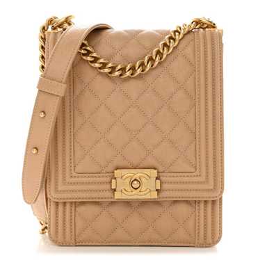 CHANEL Calfskin Quilted North South Boy Flap Beige