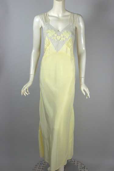 Lemon yellow bias cut rayon 1940s nightgown hearts