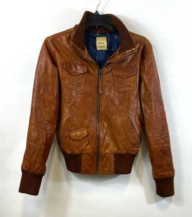 Fossil Mens Brown Leather Long Sleeve Pockets Full