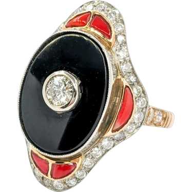 Mid-Century Onyx, Coral & European Cut Diamond Rin