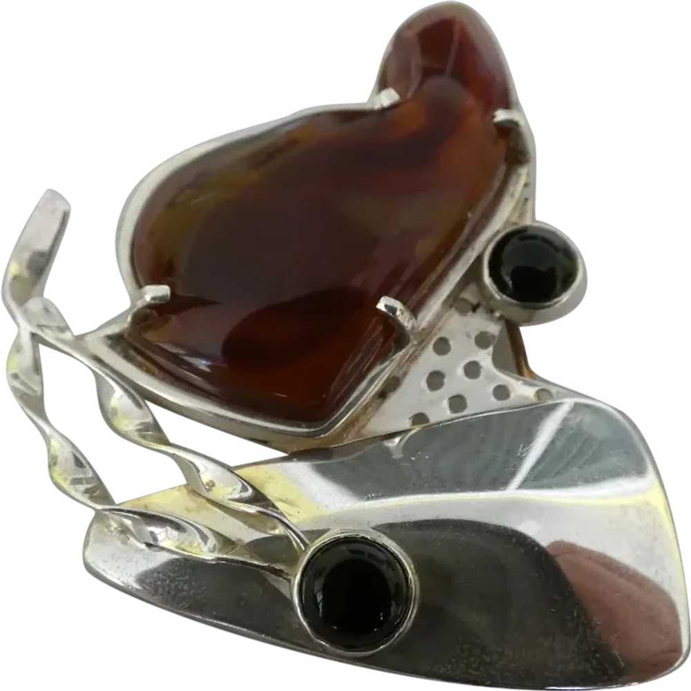 Sterling brooch with Onyx and Amber Cabochons - image 1