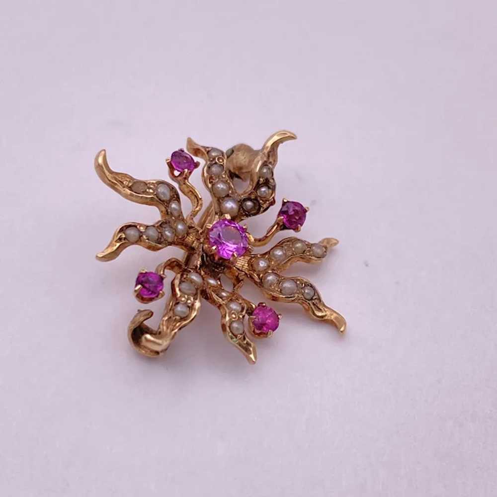 Victorian Brooch Pin Pink Sapphire Seed Pearl 10K… - image 2