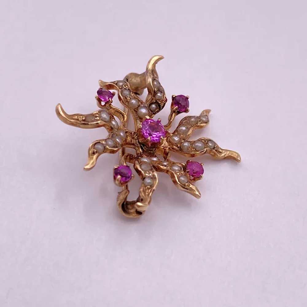 Victorian Brooch Pin Pink Sapphire Seed Pearl 10K… - image 3