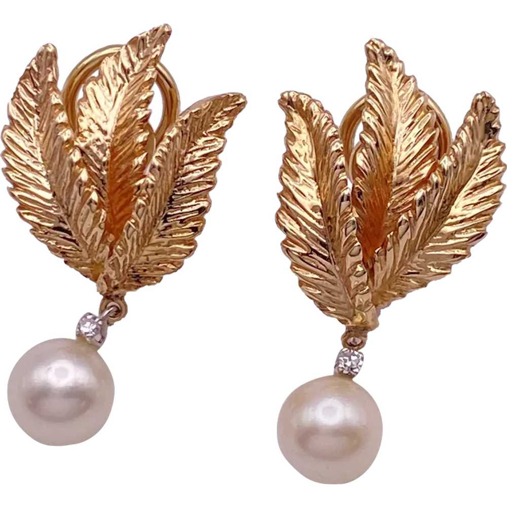 Leaf Design Cultured Pearl Dangle Earrings 14K Go… - image 1