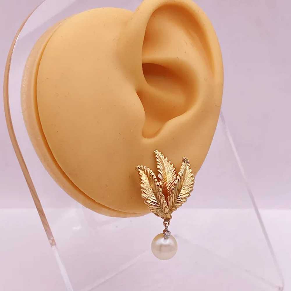 Leaf Design Cultured Pearl Dangle Earrings 14K Go… - image 2