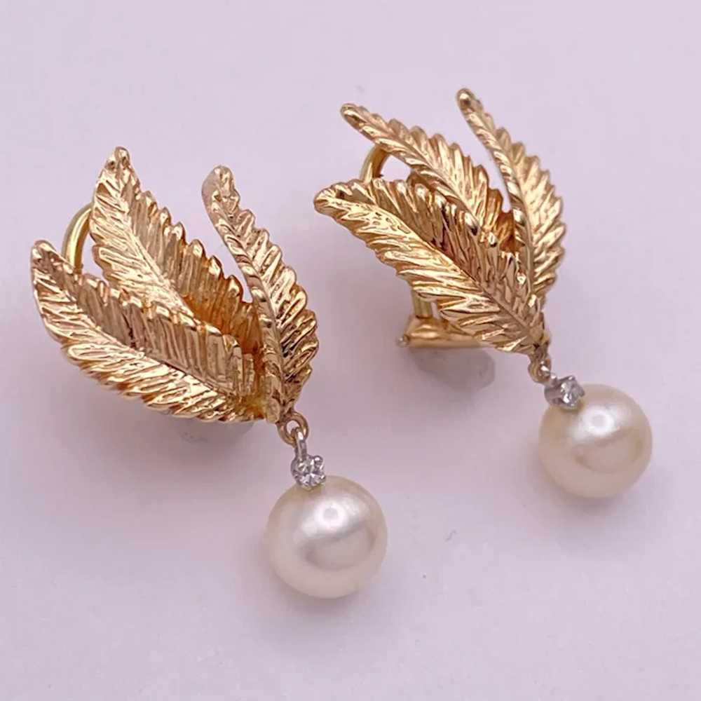 Leaf Design Cultured Pearl Dangle Earrings 14K Go… - image 3