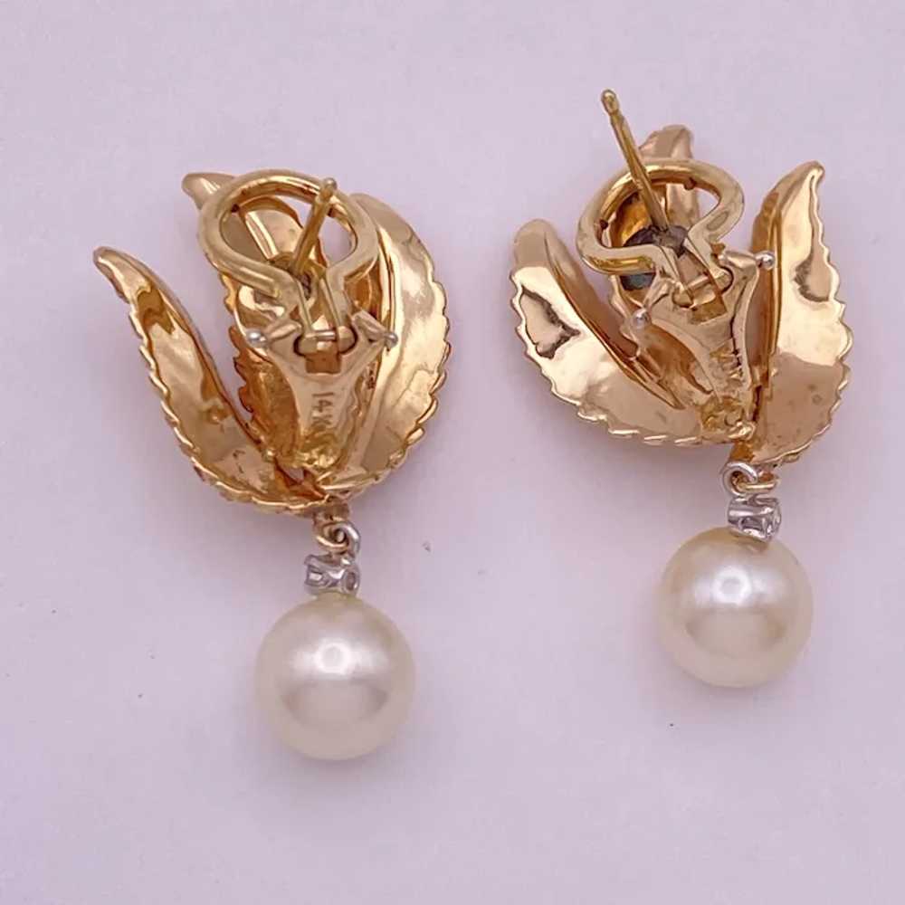 Leaf Design Cultured Pearl Dangle Earrings 14K Go… - image 4