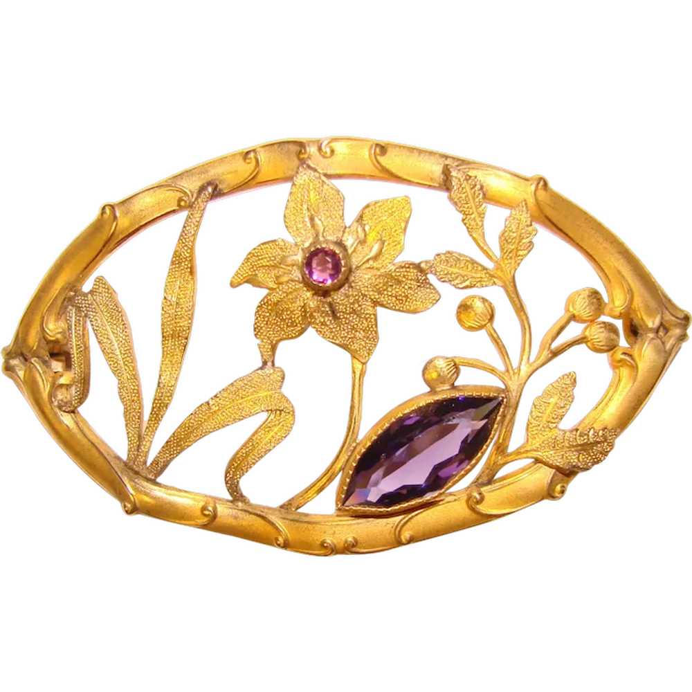 Antique Victorian PURPLE Glass Sash Pin Brooch - … - image 1