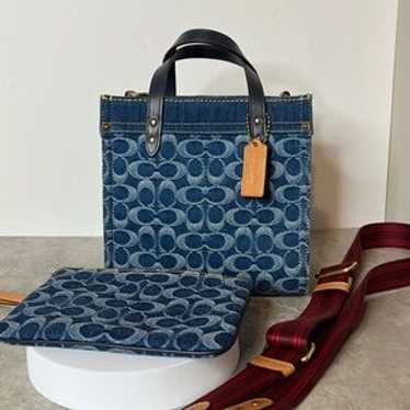 バッグ COACH denim leather tote bag NICE Coach Vtg Y2K Denim Patchwork Whiskey Leather Trim