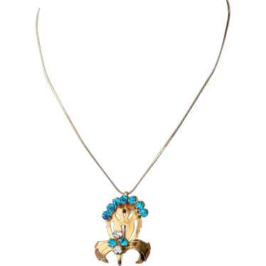 Retro Turquoise Rhinestones Pendant Necklace/Broo… - image 1