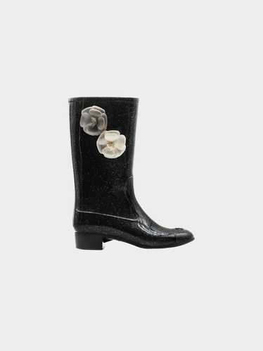 Chanel 2020 Black Glitter Rain Boots with Camellia