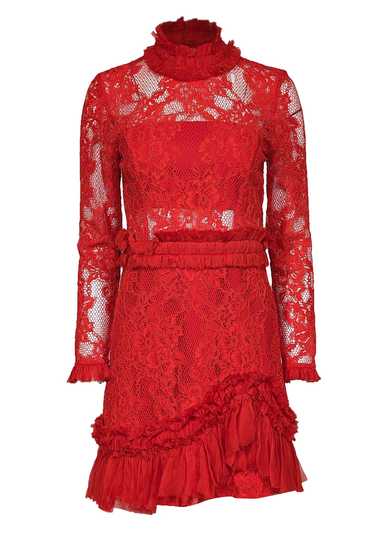 Alexis - Red Lace w/ Silk Ruffle Trim Dress Sz L - image 1