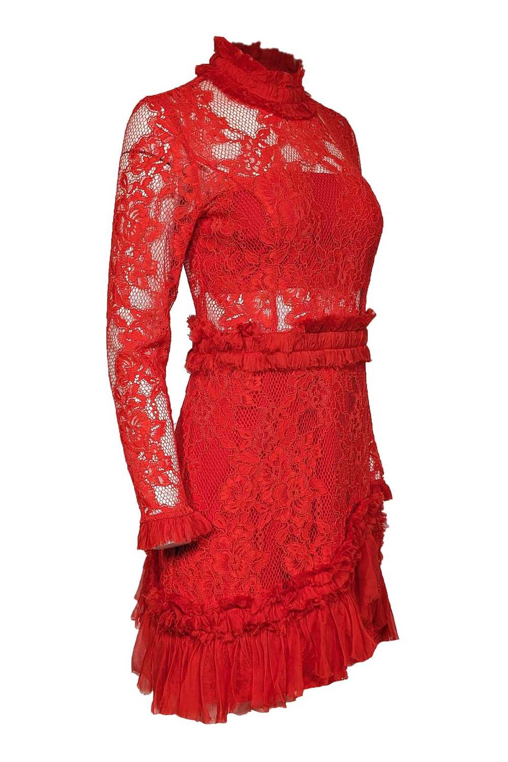 Alexis - Red Lace w/ Silk Ruffle Trim Dress Sz L - image 2