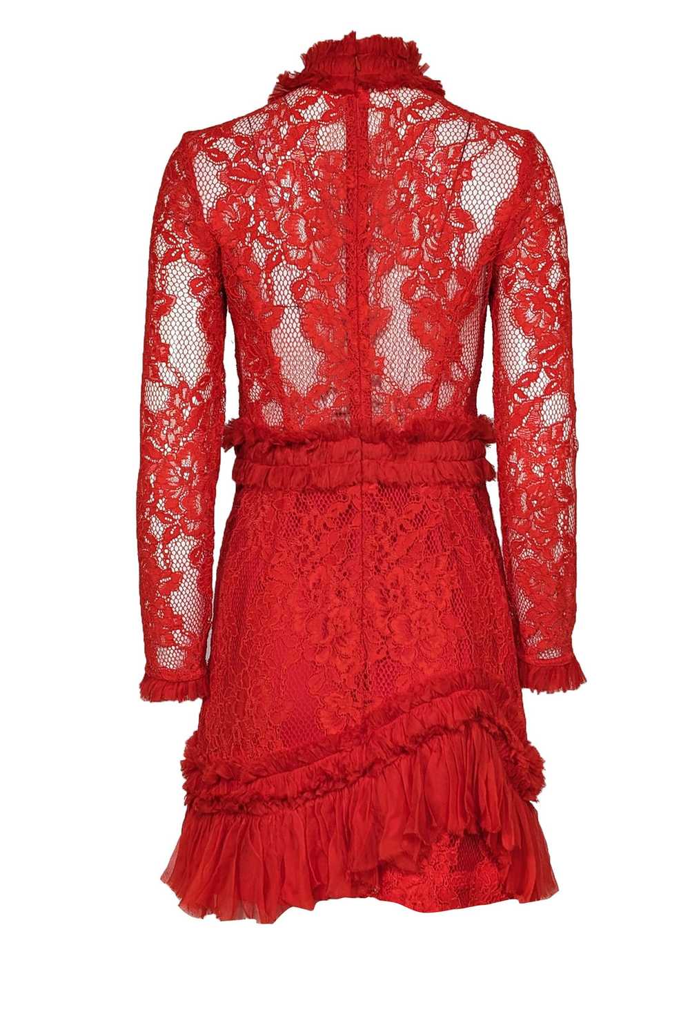 Alexis - Red Lace w/ Silk Ruffle Trim Dress Sz L - image 3