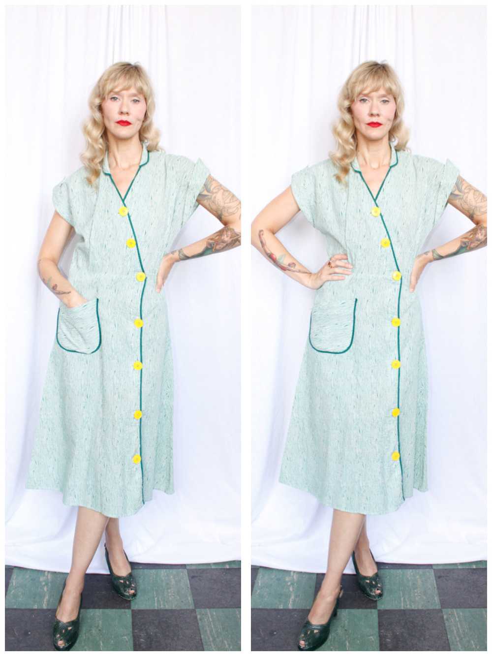 1940s Green Seersucker Stripe Dress - Large - image 1