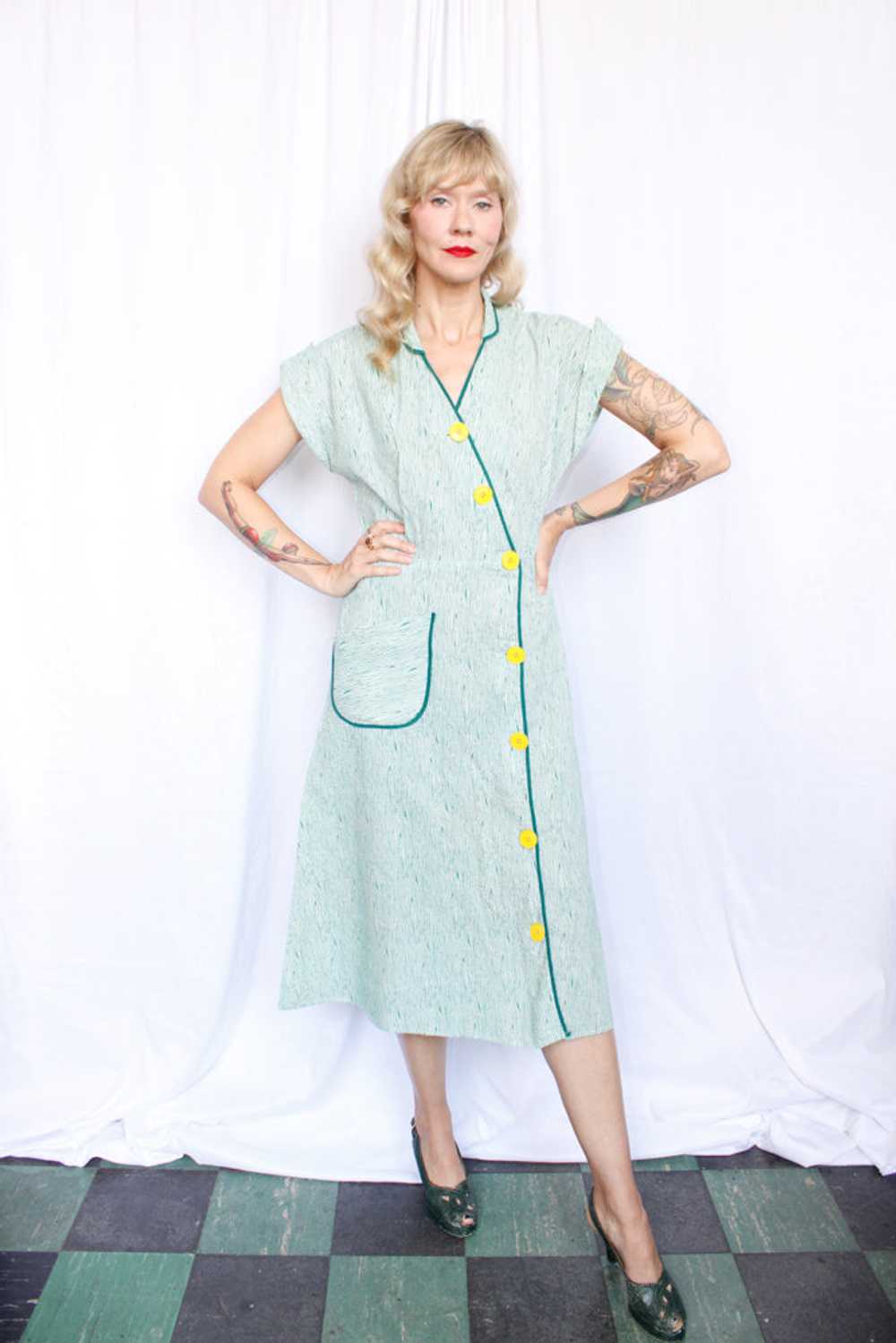 1940s Green Seersucker Stripe Dress - Large - image 3