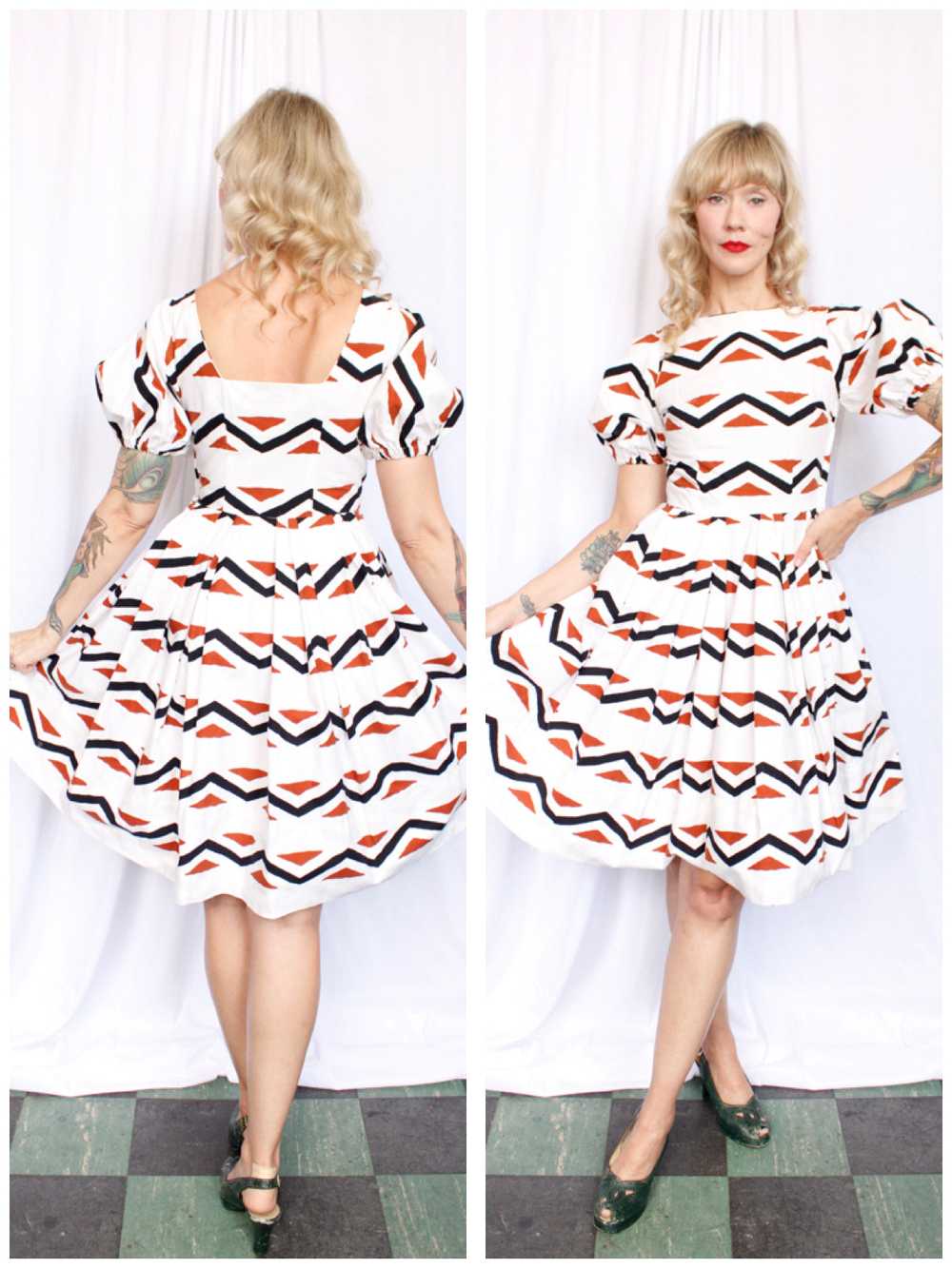 1950s Geometric Cotton Puff Sleeve Dress - Xs/S - image 1