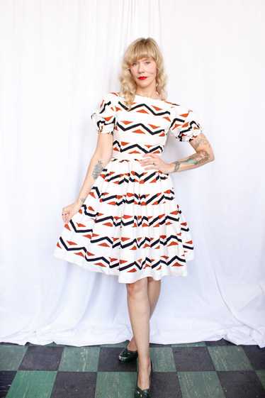 1950s Geometric Cotton Puff Sleeve Dress - Xs/S