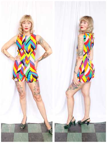 1960s Mod Colorful Cotton Twill Romper - Small