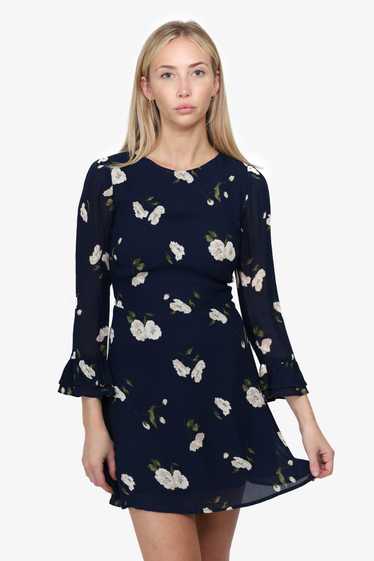 Reformation Navy Blue Floral 3/4 Sleeve Mini Dress