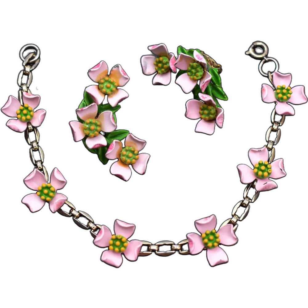 Pink flower bracelet and earrings set, cute flora… - image 1