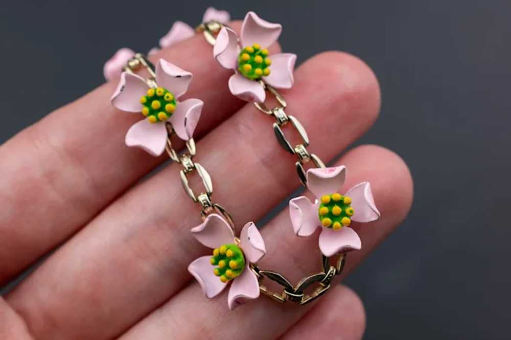 Pink flower bracelet and earrings set, cute flora… - image 7