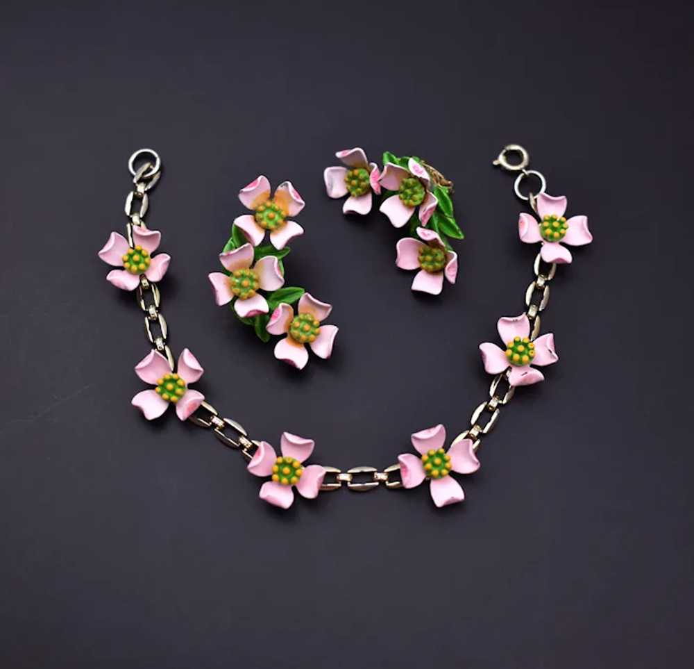 Pink flower bracelet and earrings set, cute flora… - image 8