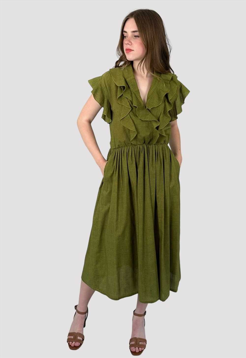 80's Vintage Green Multi Ruffle Short Sleeves Lad… - image 1