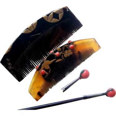 Two vintage Japanese traditional hair combs and ko