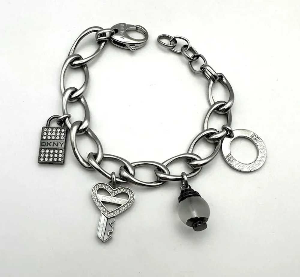 DKNY signed Key to My Heart Silvertone Charm Brac… - image 3