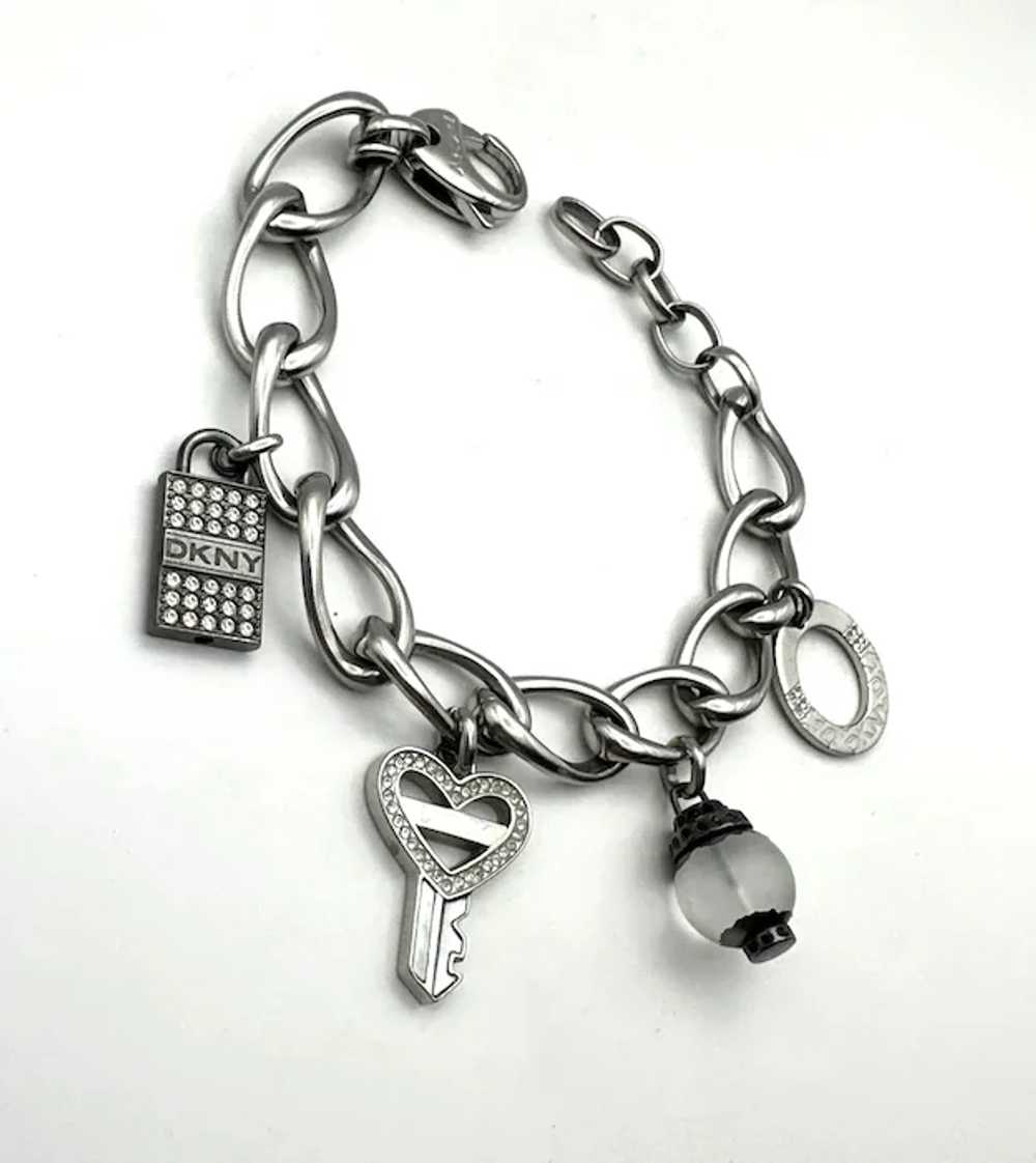 DKNY signed Key to My Heart Silvertone Charm Brac… - image 7