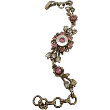 Vintage Floral Rhinestone Bracelet With Pink & Cl… - image 1