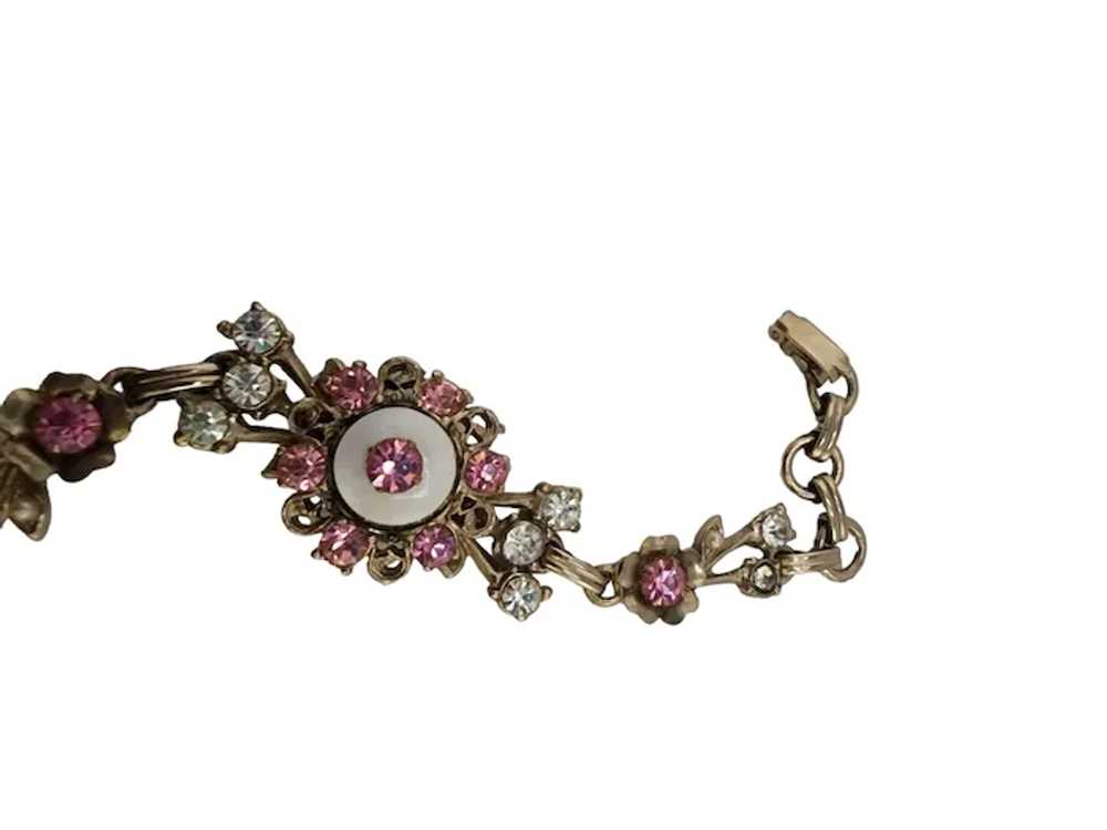 Vintage Floral Rhinestone Bracelet With Pink & Cl… - image 3