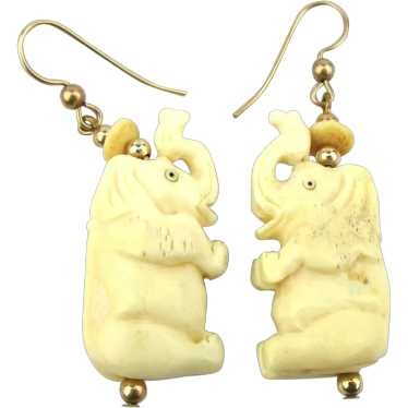 Vintage Figural Carved Bone Elephant Earrings