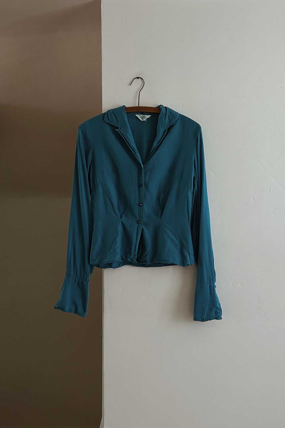 1950's TEAL SILK BUTTON BLOUSE - image 1