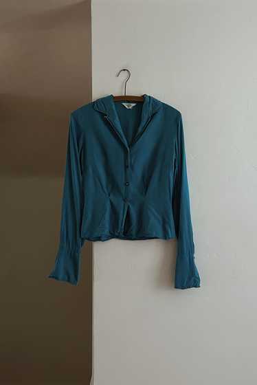 1950's TEAL SILK BUTTON BLOUSE - image 1