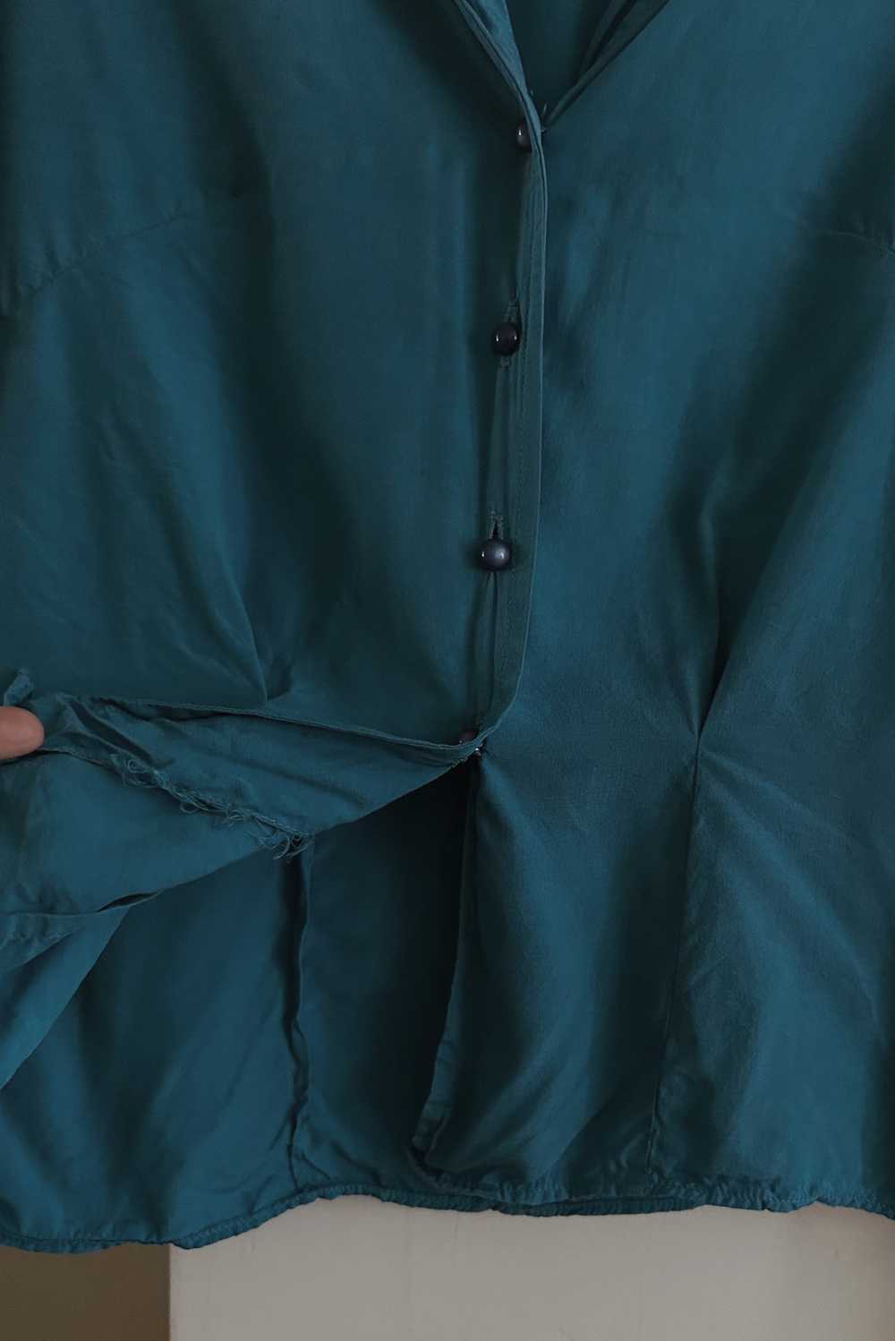1950's TEAL SILK BUTTON BLOUSE - image 2
