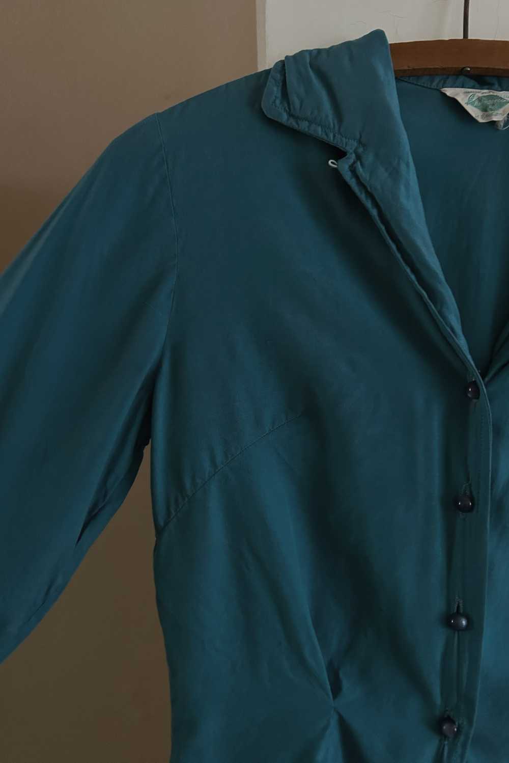 1950's TEAL SILK BUTTON BLOUSE - image 3
