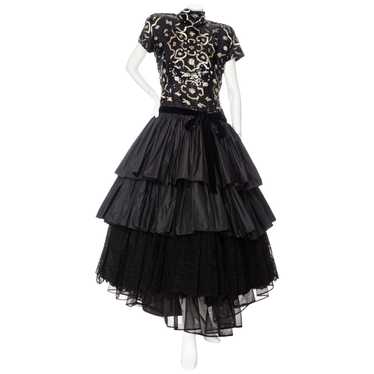 1980s Sequined Black and Gold Tiered Taffeta and L