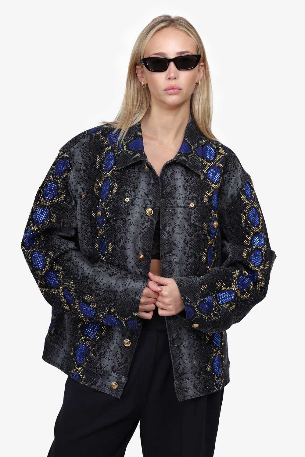 Versace Snakeskin Print Embellished Denim Jacket … - image 1