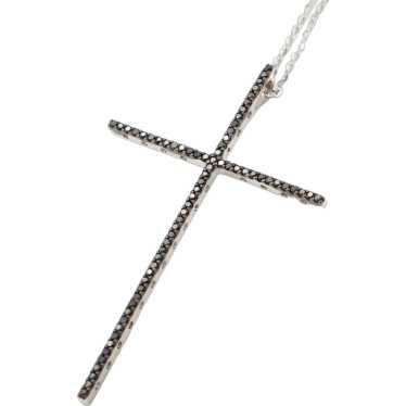 Estate 14K White Gold Black Diamond Cross Pendant… - image 1