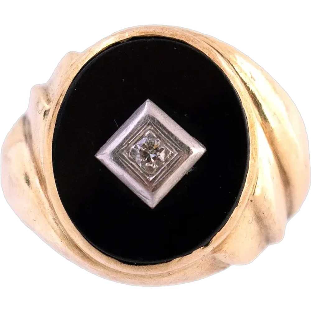 10K Gold Onyx and Diamond Fluted Gent's Ring - image 1