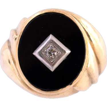 10K Gold Onyx and Diamond Fluted Gent's Ring - image 1