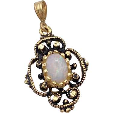 Petite Natural Opal Ornate Pendant 14K Gold Antiqu