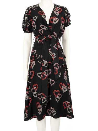 Sandro Black Silk Floral Heart Print Midi Dress