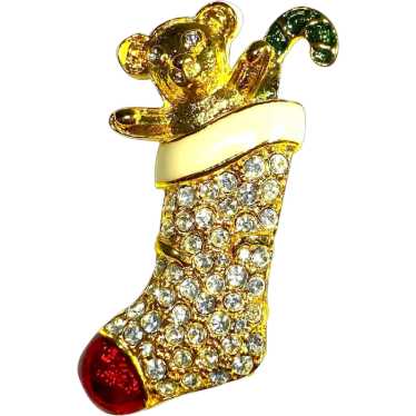 Goldtone Metal Teddy Bear in Rhinestone Christmas… - image 1