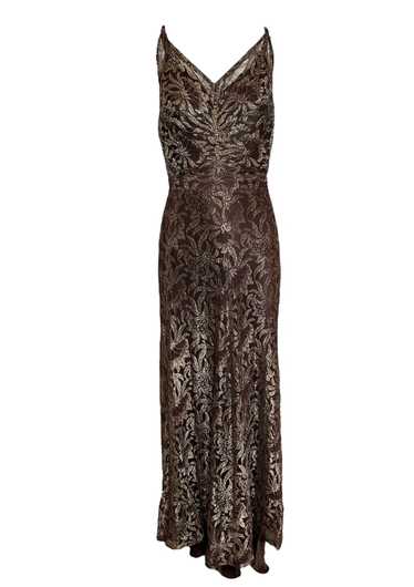 1930s Brown Lace & Gold Lame Belted Gown